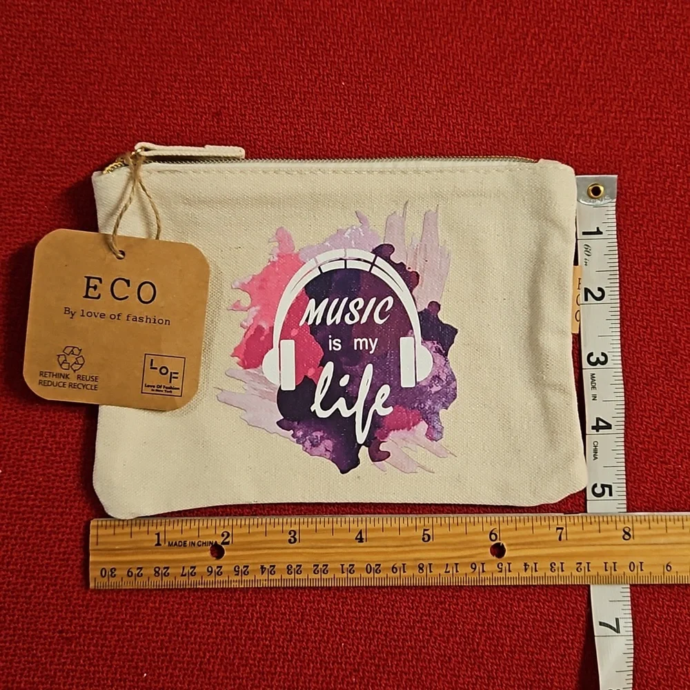 'Music is my life' make up bag purples on cream 'canvas' cotton,denim NWT
